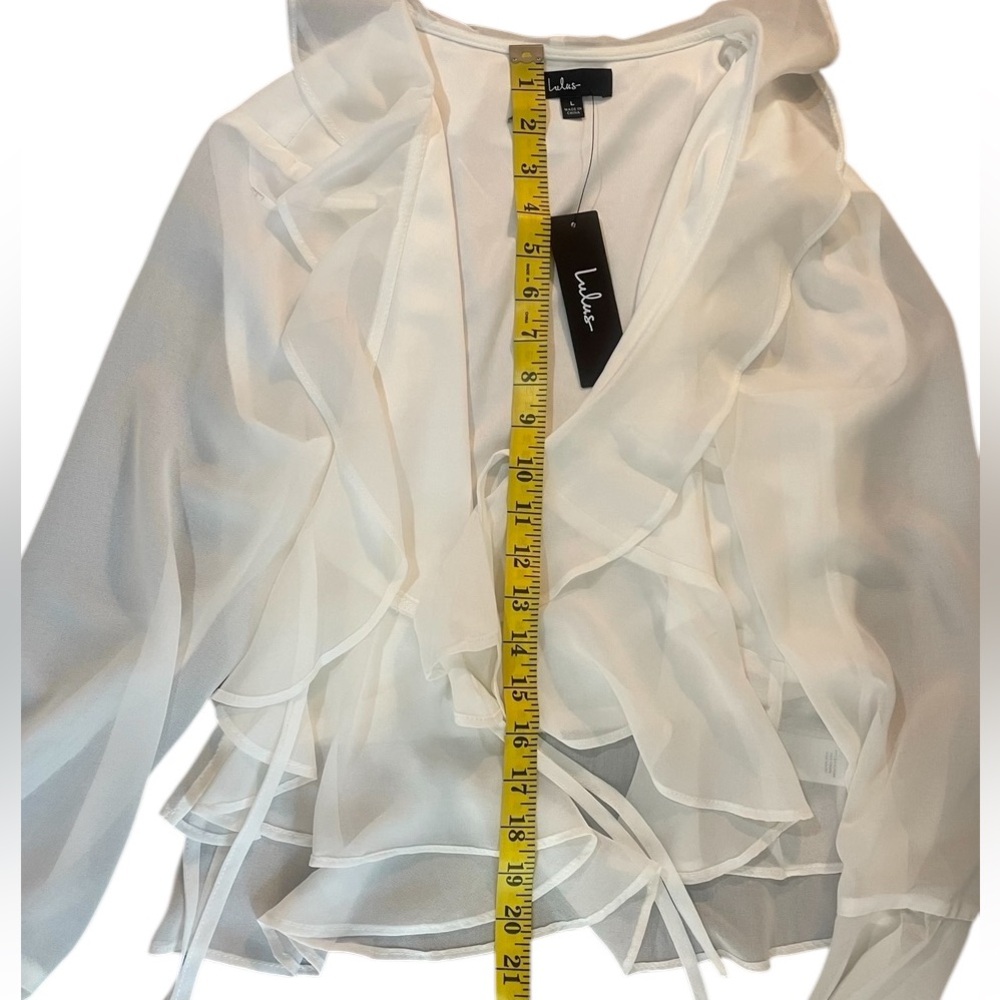 Lulus White Chiffon Ruffled Long Sleeve Tie-Front Top,Large, NWT - Picture 9 of 10